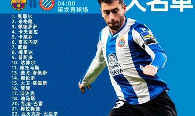 西班牙人公布战巴萨大名单 武磊入选德托马斯在列